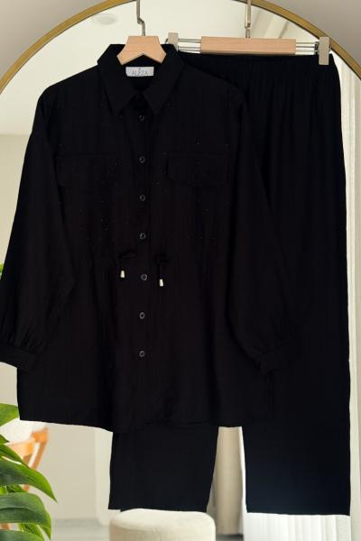 Cep Taş Detaylı İkili Takım Siyah