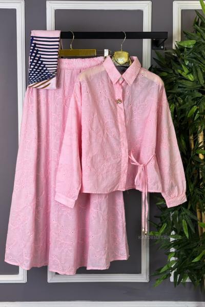 Yandan Bağlamalı Etekli Takım Pembe