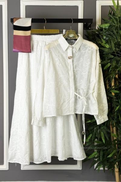 Yandan Bağlamalı Etekli Takım Beyaz