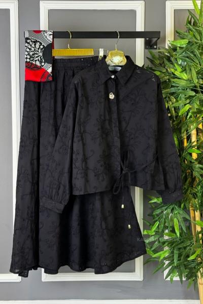 Yandan Bağlamalı Etekli Takım Siyah